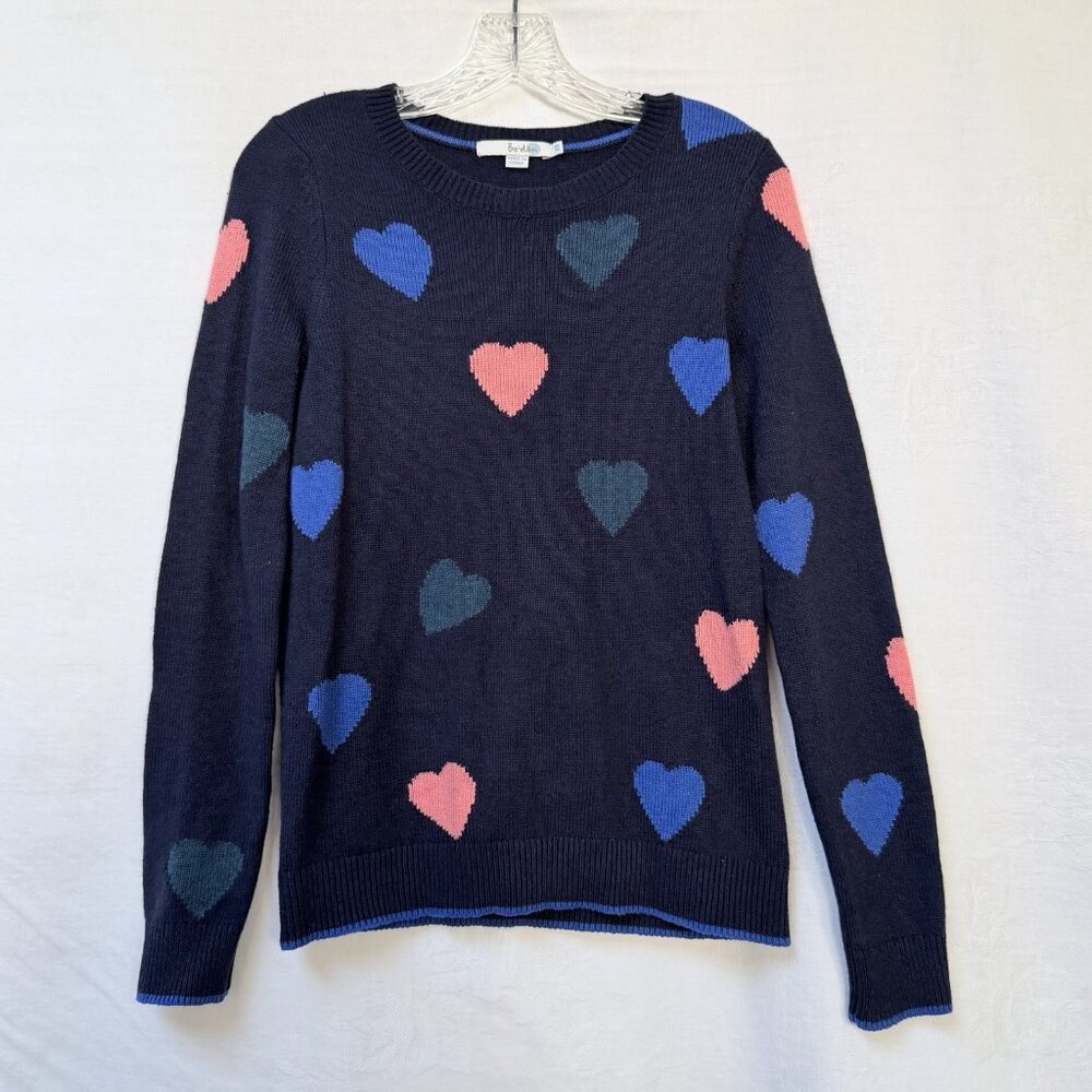Boden Pullover Sweater Womens XS Navy Knit Heart Print Wool‎ Cashmere Funky Warm